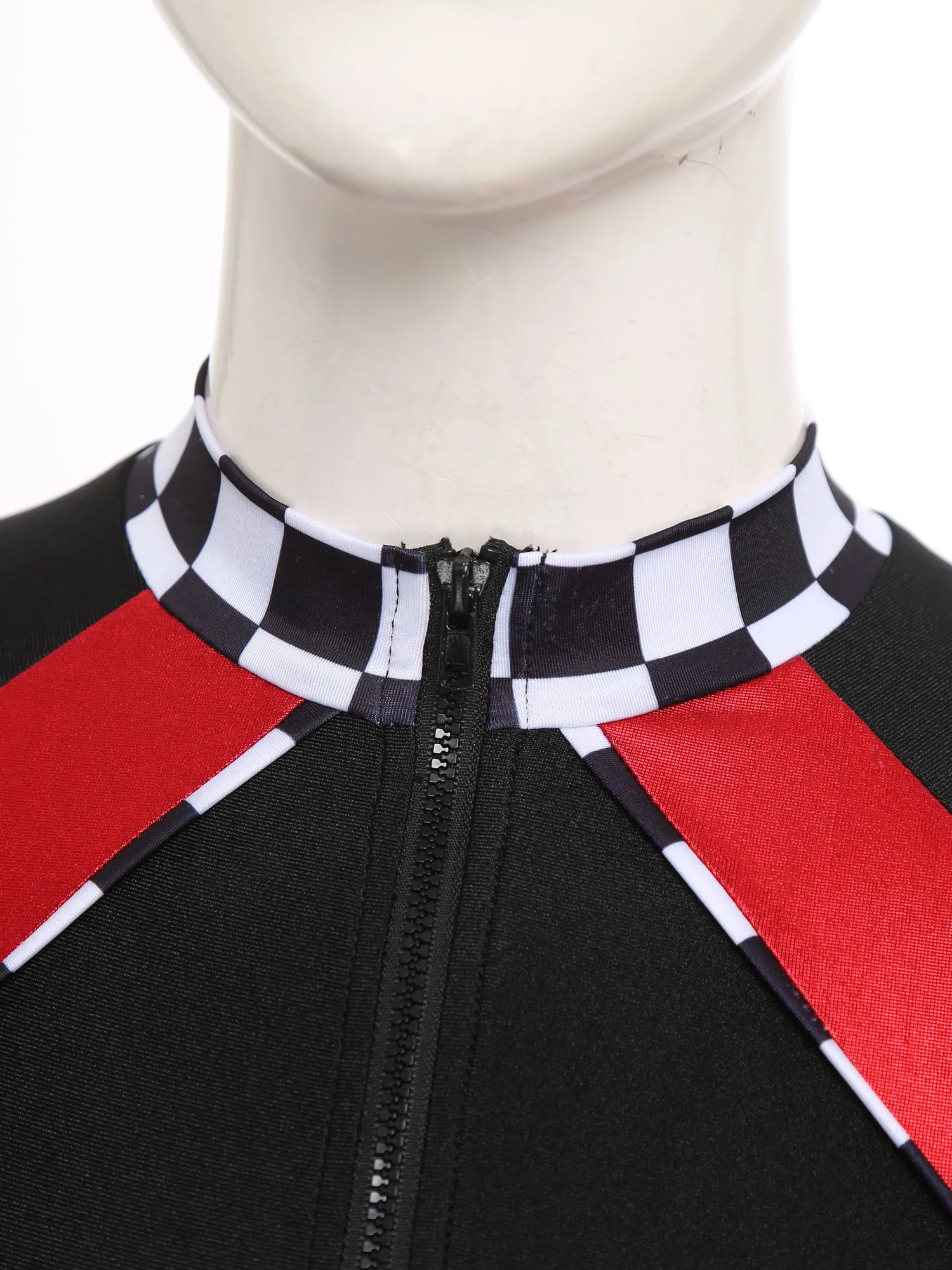 Vrouwen Race Car Driver Jumpsuit Plaid Stand Kraag Korte Mouw Rits Glanzende Body Racer Girl Uniform Turnpakje Halloween Kostuum