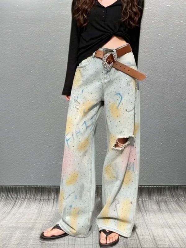 

Retro American Graffiti Rhinestone Straight Leg Jeans Women's Design Sense Hole Wide Leg Pants Summer New Arrival Casual Style