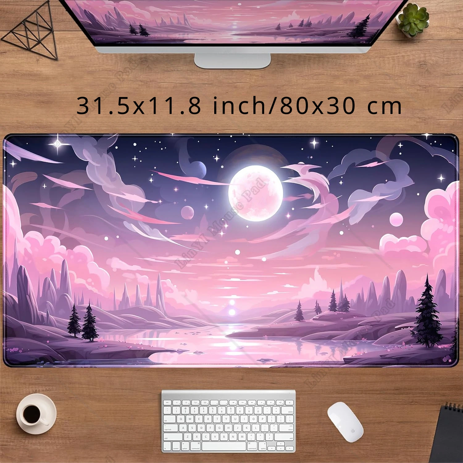 Pink Purple Kawaii Clouds and Forest Gaming Mouse Pad XL Large Extended Anime Mousepad 31.5x11.8 in Women Girl Office Desk Decor