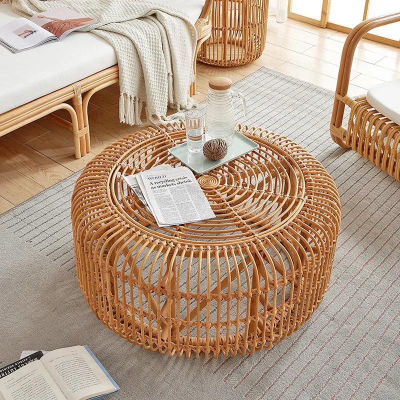 Rattan furniture modern retro round glass small coffee table living room home simple creative homestay coffee table