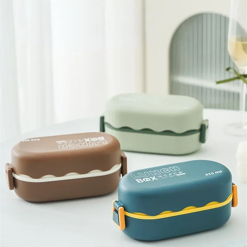 850ML Lunch Box Double-layer Plastic Compartment Lunch Box with Spoon Buckle Leak-proof Food Storage Container Sealed Picnic Box view 3