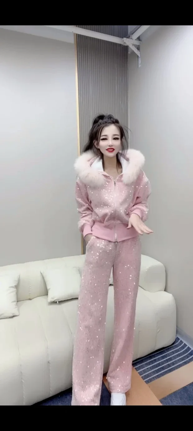 Winter New Fashion Heavy Sequins Long-Sleeved Furry Hooded Coat Women Casual Wide-Leg Pants Sweet Elegant Ladies Two-Piece Set