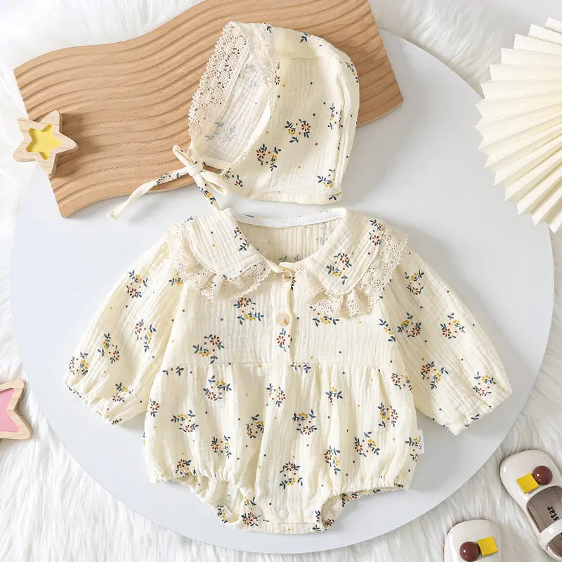 2024 Autumn New Baby Floral Bodysuit for Infant Girls Newborn Clothes Toddler Lace Turn Down Collar Bodysuits with Hat 0-2 Y