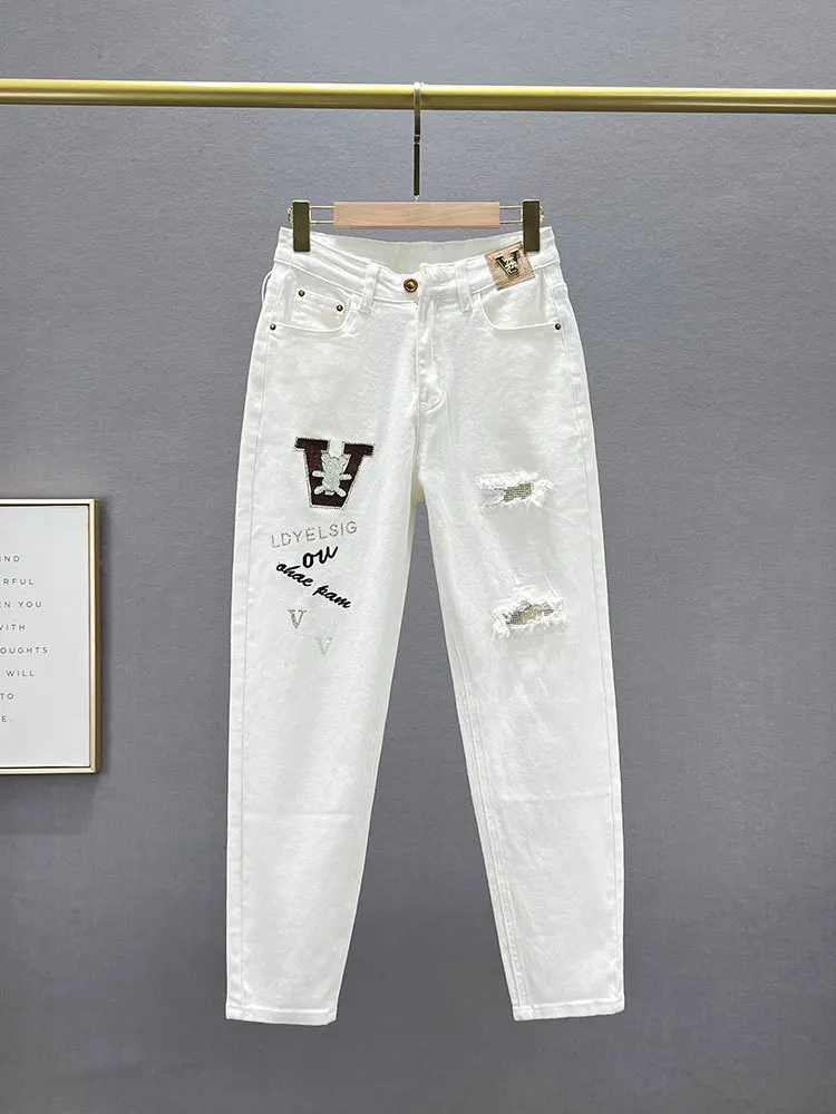 

Blue Hot Drilling Embroidery Women Denim Baggy Pants Stretch Slim High Waist Harem Pants Spring Autumn Cotton Jeans