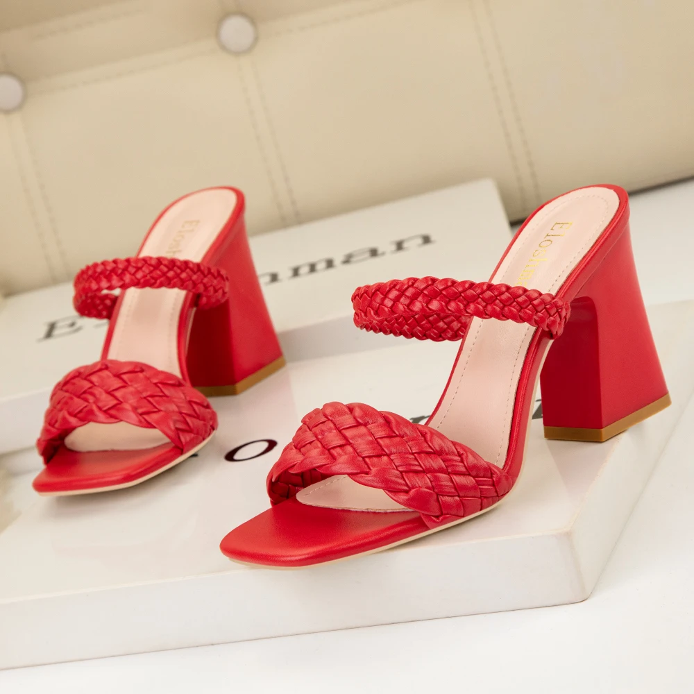 New Square Heels Retro Women Outdoor Slippers PU Leather Open Toe High Heels 8.5cm Slipper Women's Show Weave Party Slippers