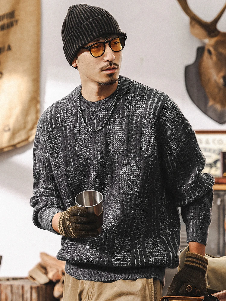

American Retro Thiened Heavyweight Men's Knitwear Winter Faion Inner Wear Casual Loose Fit Long Sve round Ne Sweater