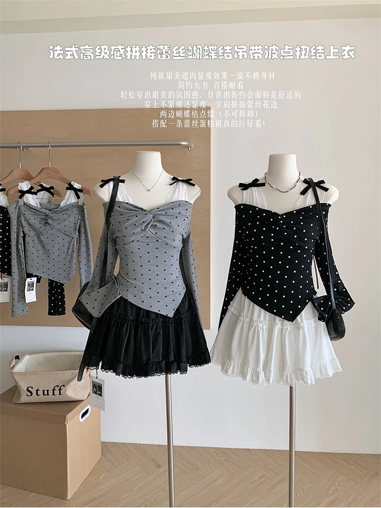 Fall Women Ballet Core Gyaru Design Polka Dot Crop Top Long Sleeve T-Shirts Y2k Coquette 2000s Aesthetic Shoujo Lace Bow Kpop