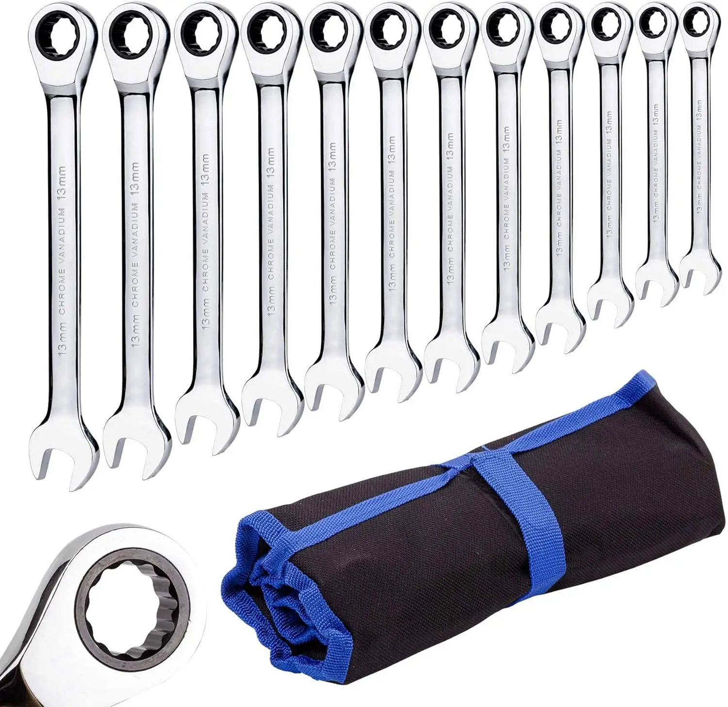

12-Piece Ratchet Spanner Set, 8-19mm Metric, with Roll Bag for Home, Bike & Car Repair