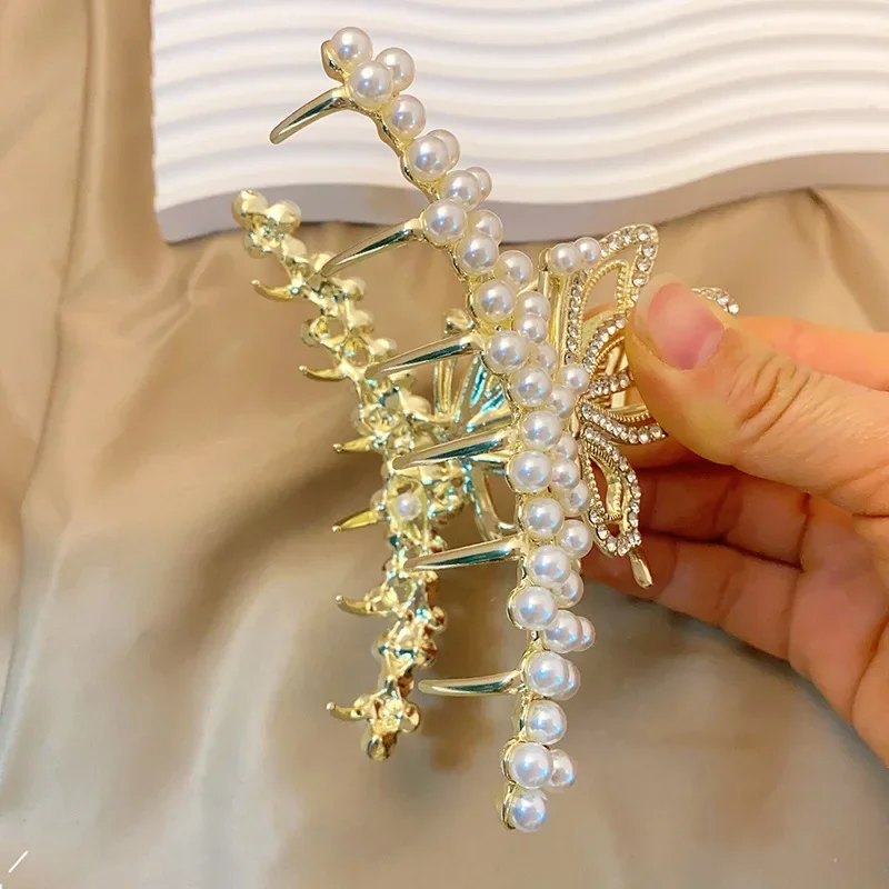 مشبك شعر لؤلؤي كامل على شكل زهرة، مشبك فراشة كريستالي عصري، مشبك سمك القرش المخصص الراقية، مقاس كبير