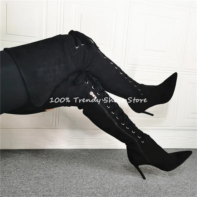 

Sexy Women Over-The Knee Lace-Up Long Boots Pointed Toe High Heel Winter Warm Boots Ladies Nightclub Party Dress Shoes