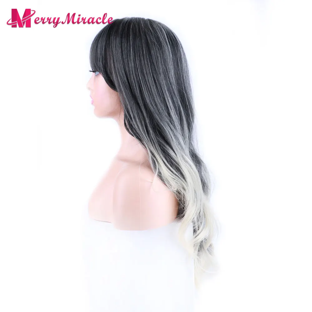 Synthetic Wigs for Women Long Natural Wave Wigs with Bangs Heat Resistant Cosplay Hair Gradient Color