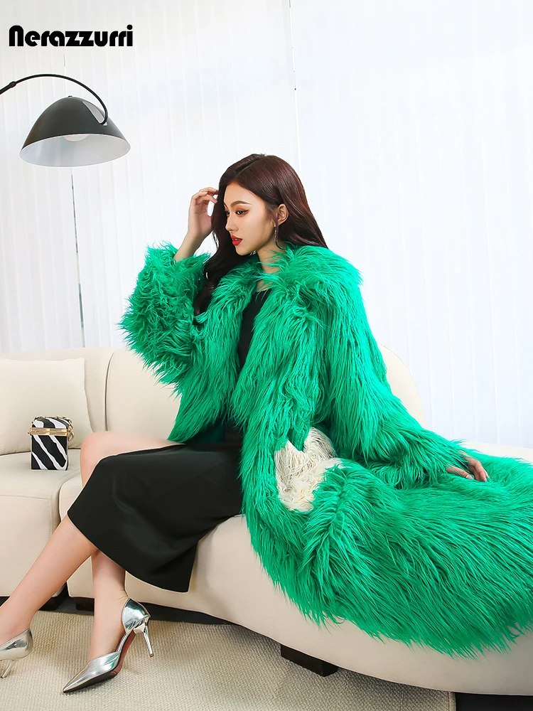 Nerazzurri Winter Extra Long Shaggy Hairy Fluffy Green Thick Warm Faux Fur Coat Women with Pink Pockets Sashes Furry Overcoat