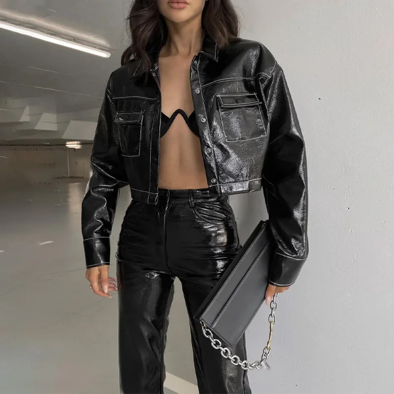 

Faux Leather Women's Black PU Jacket Cardigan Jacket Winter Long Sleeve Oversized Women Motorcycle Jacket Street Casual Wear