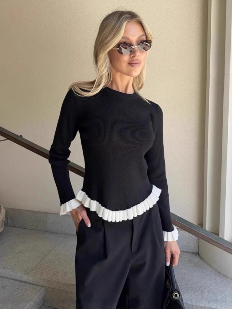 

2026 New Women Patchwork Pullover Sweater Round Neck Knitted Long Sleeve Top Fashion Basic Sweater Lady Chic Ruffle Hem Sweater