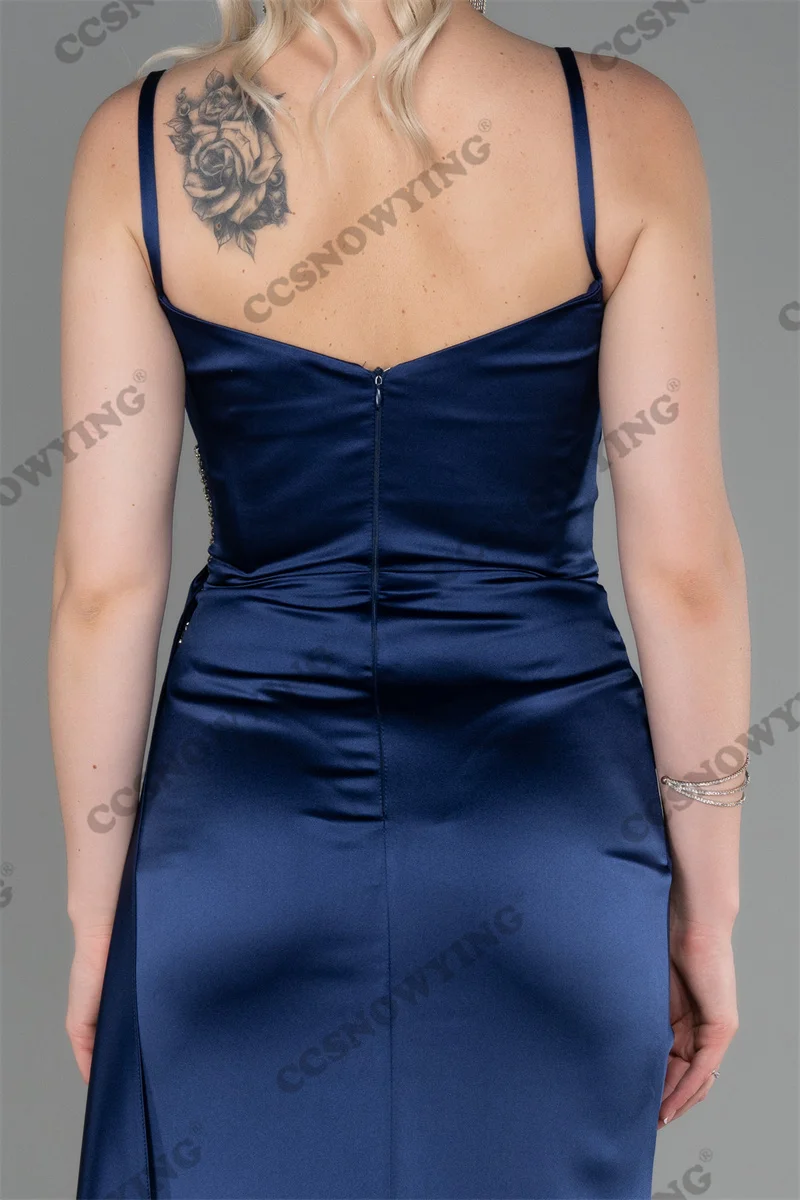 Vestido De graduación De sirena con cuentas De satén para mujer, vestido De fiesta De noche Formal con tirantes finos, vestido De fiesta con abertura lateral, caftán