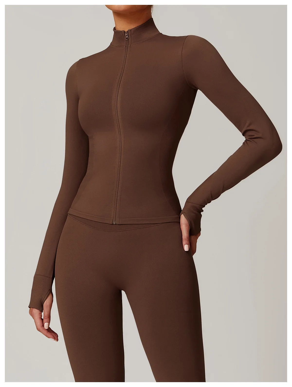 Women's Seamless Long Sleeve Yoga Top Ribbed High Neck Full Zip Slim Fit Sports Jacket Thumb Hole Workout Gym Running Activewear