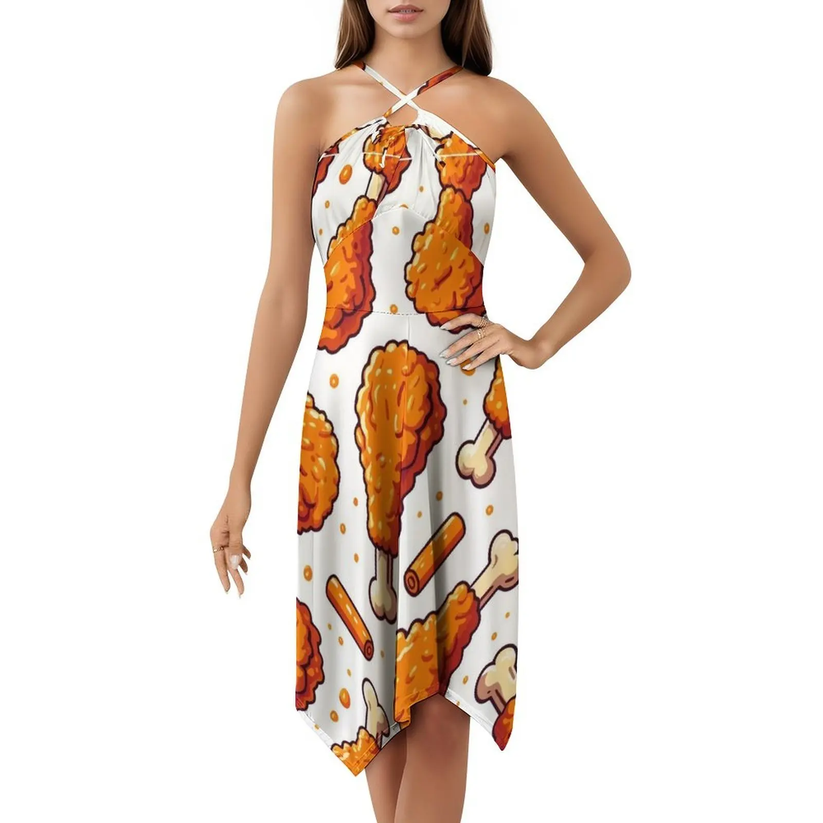 فستان قصير على شكل دجاجة مقلية مقرمشة على طراز بريبي للنساء على شكل حرف a فضفاض مناسب فستان يوم غير رسمي دجاج مقلي مقرمش