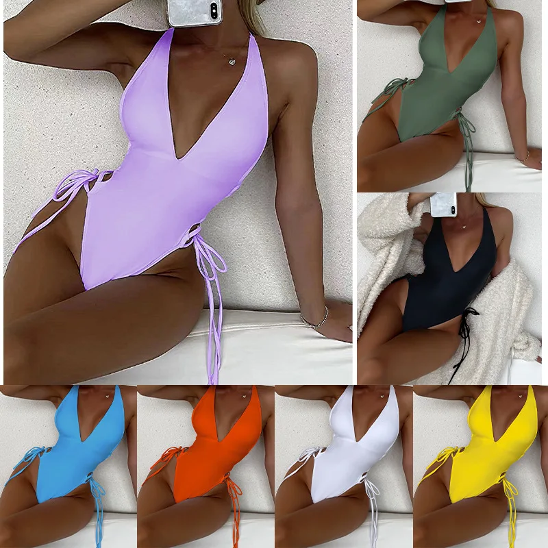 Foreign Trade Solid Color Lace-up V-neck Bikini Women's 2025 New High-waisted Triangular Beach Hot Spring One-piece Swimsuit