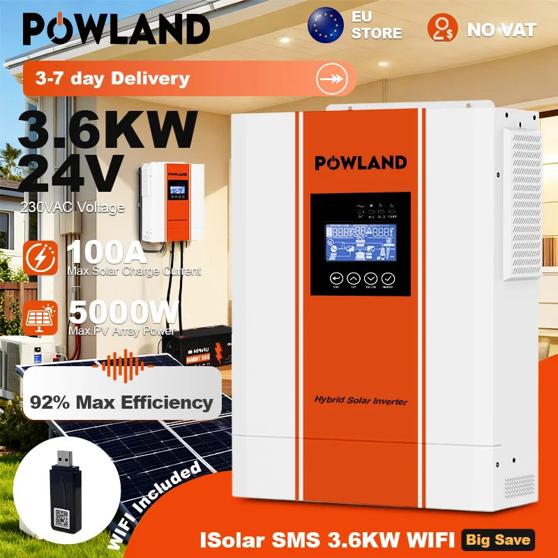 POWLAND EU 3.6KW 24V hybride zonne-omvormer 220V zuivere sinusgolf 5000VA ingebouwde MPPT 100A zonne-laadregelaar PV 60-500VDC
