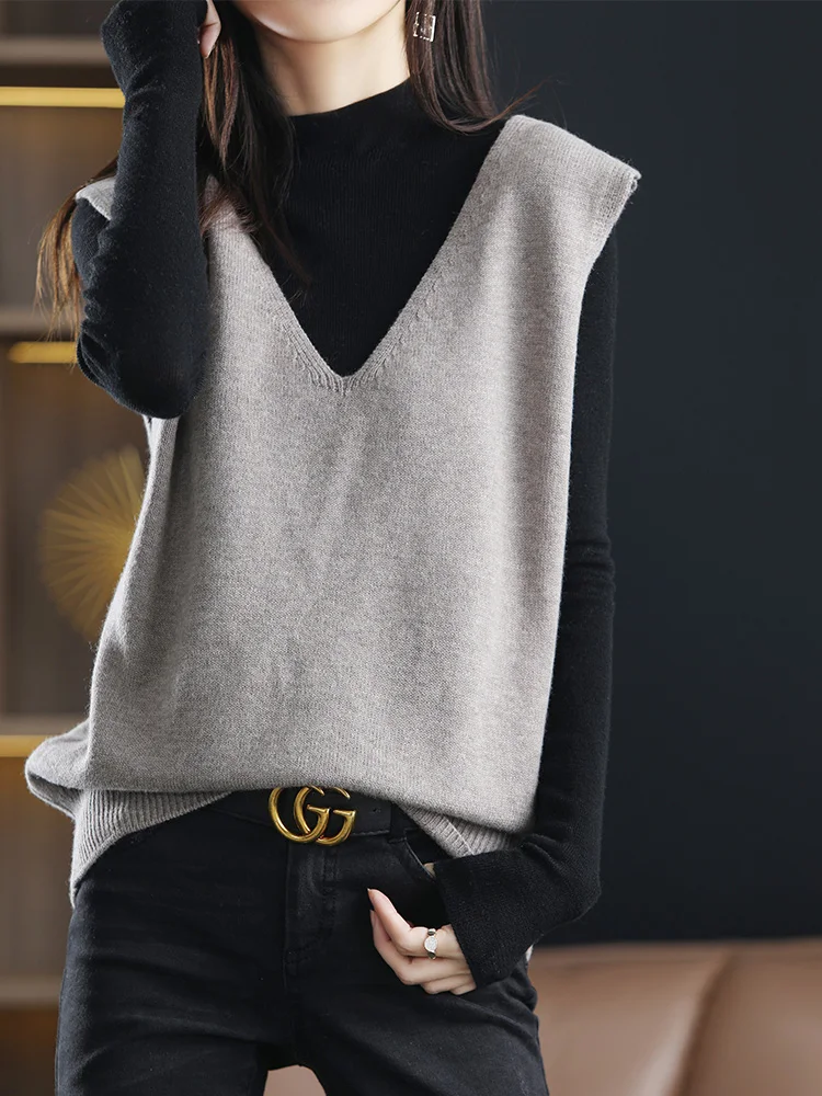 

Женский вязаный шерстяной жилет-свитер, осенне-зимняя новинка 2025 года, верхняя одежда для повседневной носки, V-образный вырез, стандартная длина, без пуговиц, однотонный