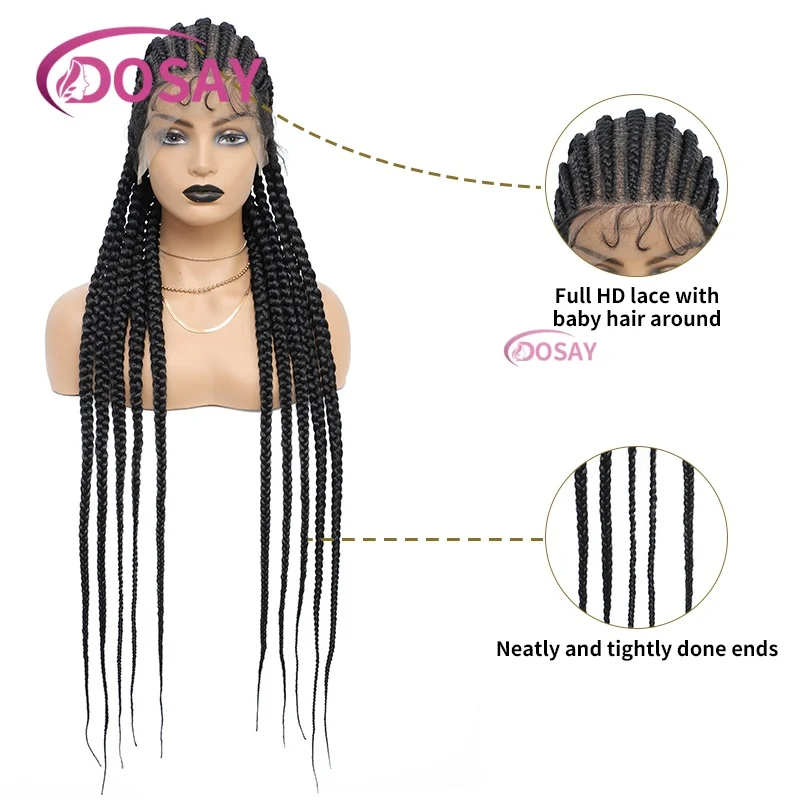 باروكات أمامية من الدانتيل بالكامل مقاس 36 بوصة للنساء ذوات البشرة السمراء، باروكة شعر صناعية من كورنو برايدينج، شعر مستعار أسود للاستخدام اليومي