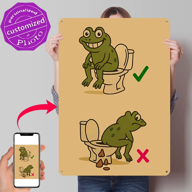 Frog Toilet Etiquette Cartoon Illustration 3D Texture Printed Poster Custom Vintage Metal Tin Plate Sign for Wall Art Room Decor