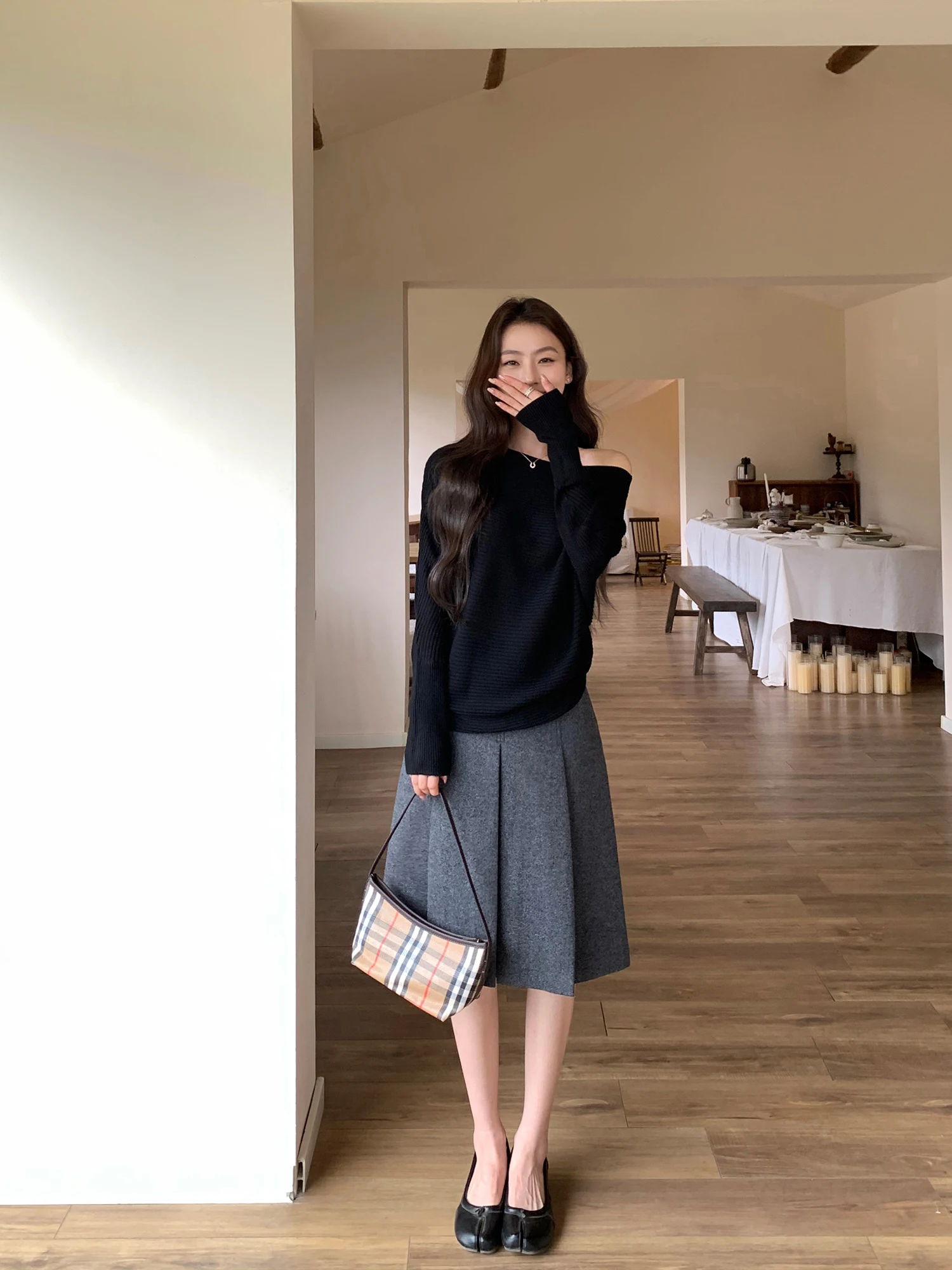 Pusumede Lost Rill Vintage College Style Woolen A-Line  Skirt Women's Design Pressed Pleats High Waist Skirt