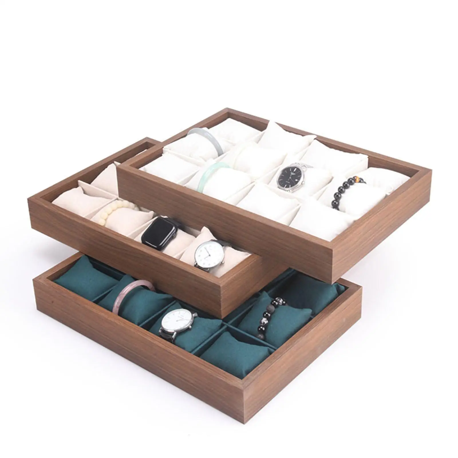 Bracelet Watch Jewelry Organizer Tray with Wood Frame 12 Compartments Removable Cushion Multipurpose Display Case for Men