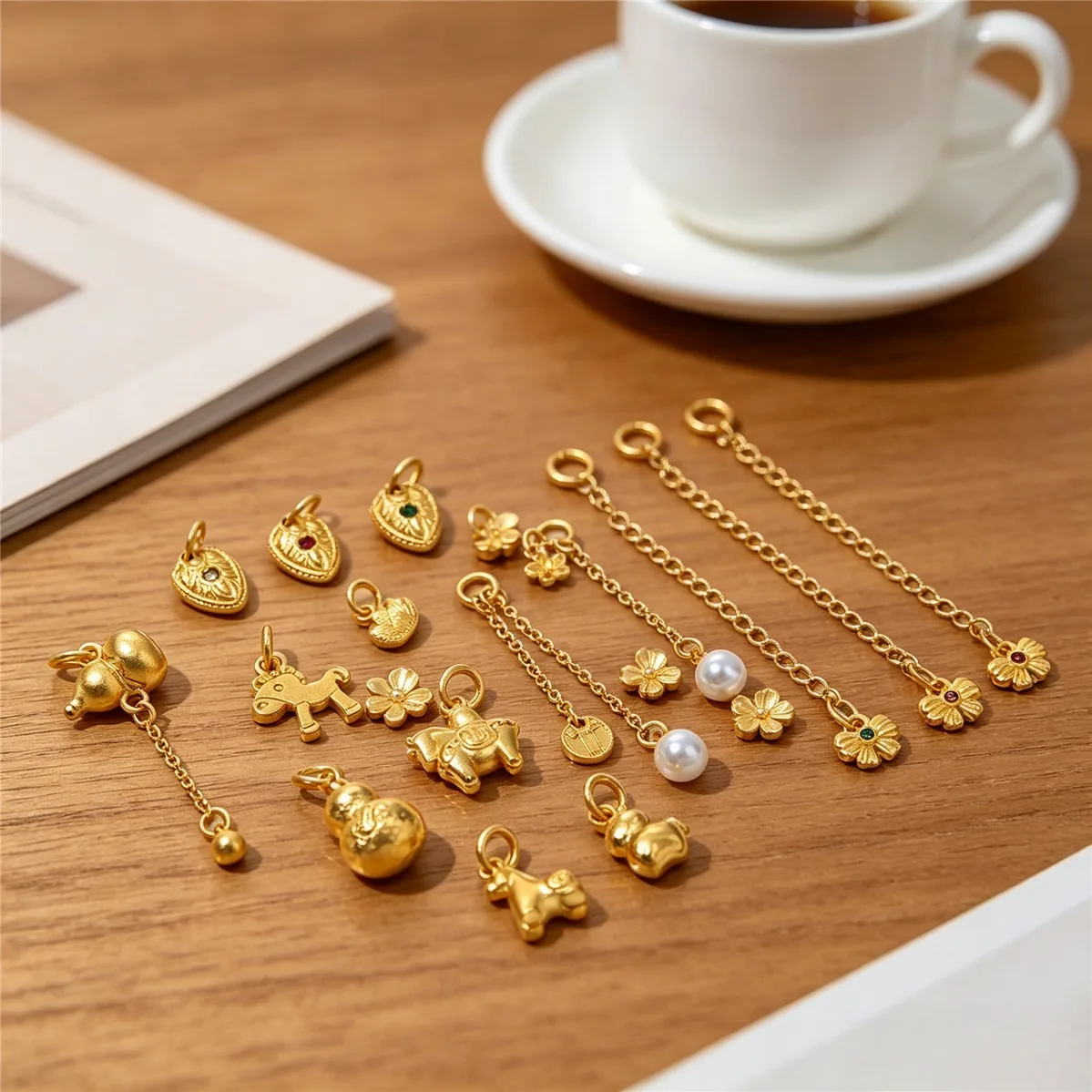 Brass Gold Tone Five God Wealth Flower Extender Chains Horse Gourd Feather Charms DIY Pendant Jewelry Findings