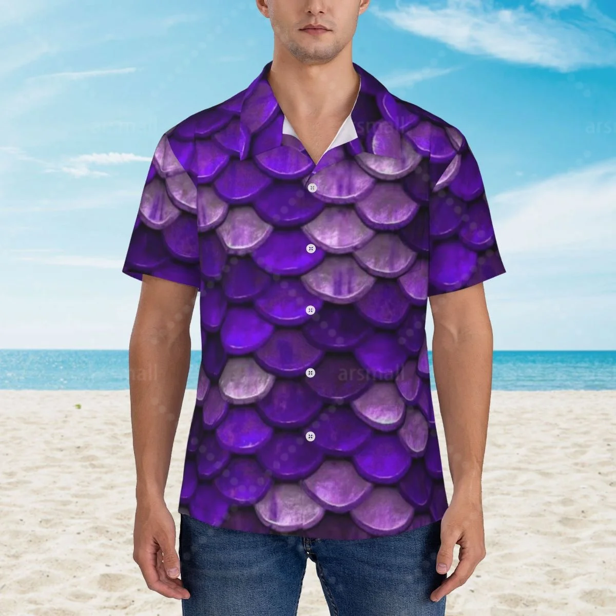 

Purple Mermaid Fish Dragon Scales Hawaiian Shirt Men Short Sleeve Casual Floral Print Beach Shirt Summer Vacation Shirt
