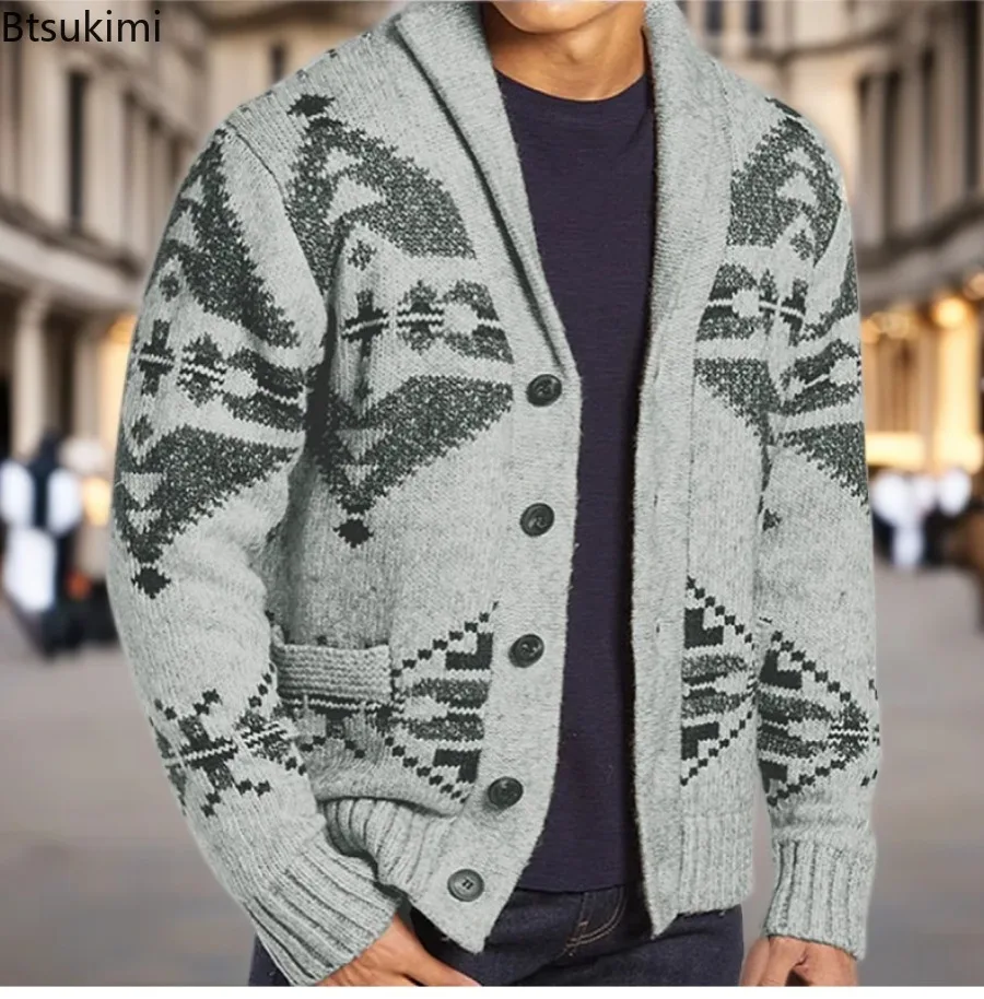 Autumn Winter Men's Clothing Retro Jacquard Knitted Sweaters Lapel Single Breasted Casual Knit Cardigans Men Thick Sweater Coats