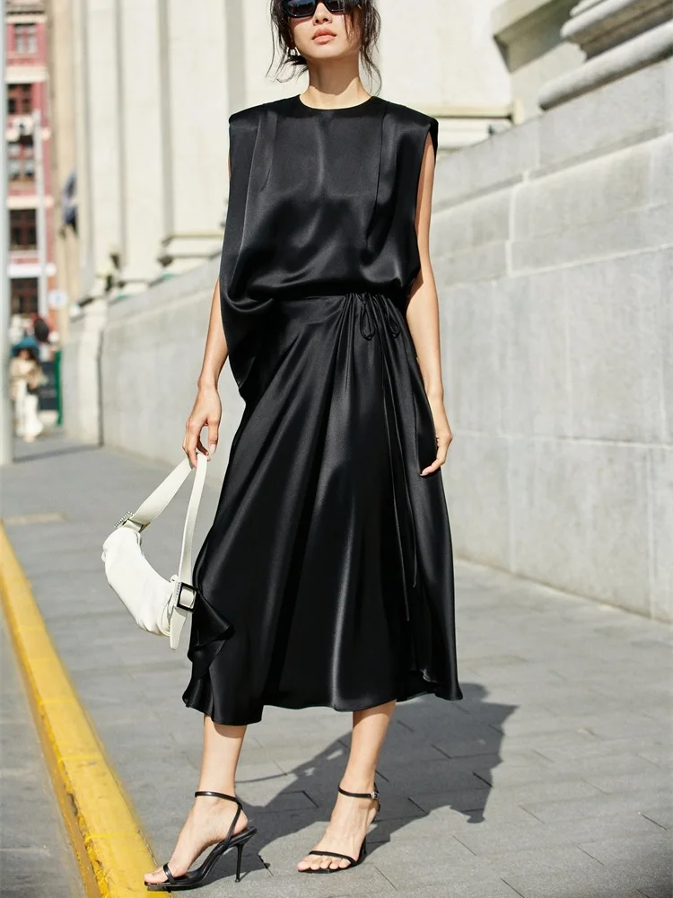 

Атласная юбка-миди FANNIU из новой коллекции весна-лето с подкладкой на плечах и эластичным шнурком, фасон А-силуэт