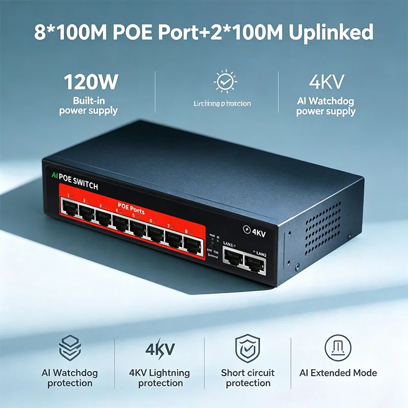 

﻿ 120W AI PoE Switch 8 Port 100Mbps with 2 Uplink Built-in Power 4KV Lightning Protection AI Watchdog Extender Security POE208D