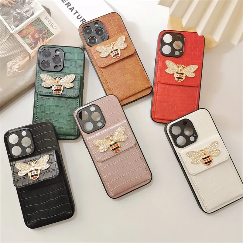 

Luxury Animal Leather Pattern Coin Purse Diamond Honeybee Phone Cover Case For Iphone 14 13 12 11 Pro Max Xr X Hard Coque Fundas