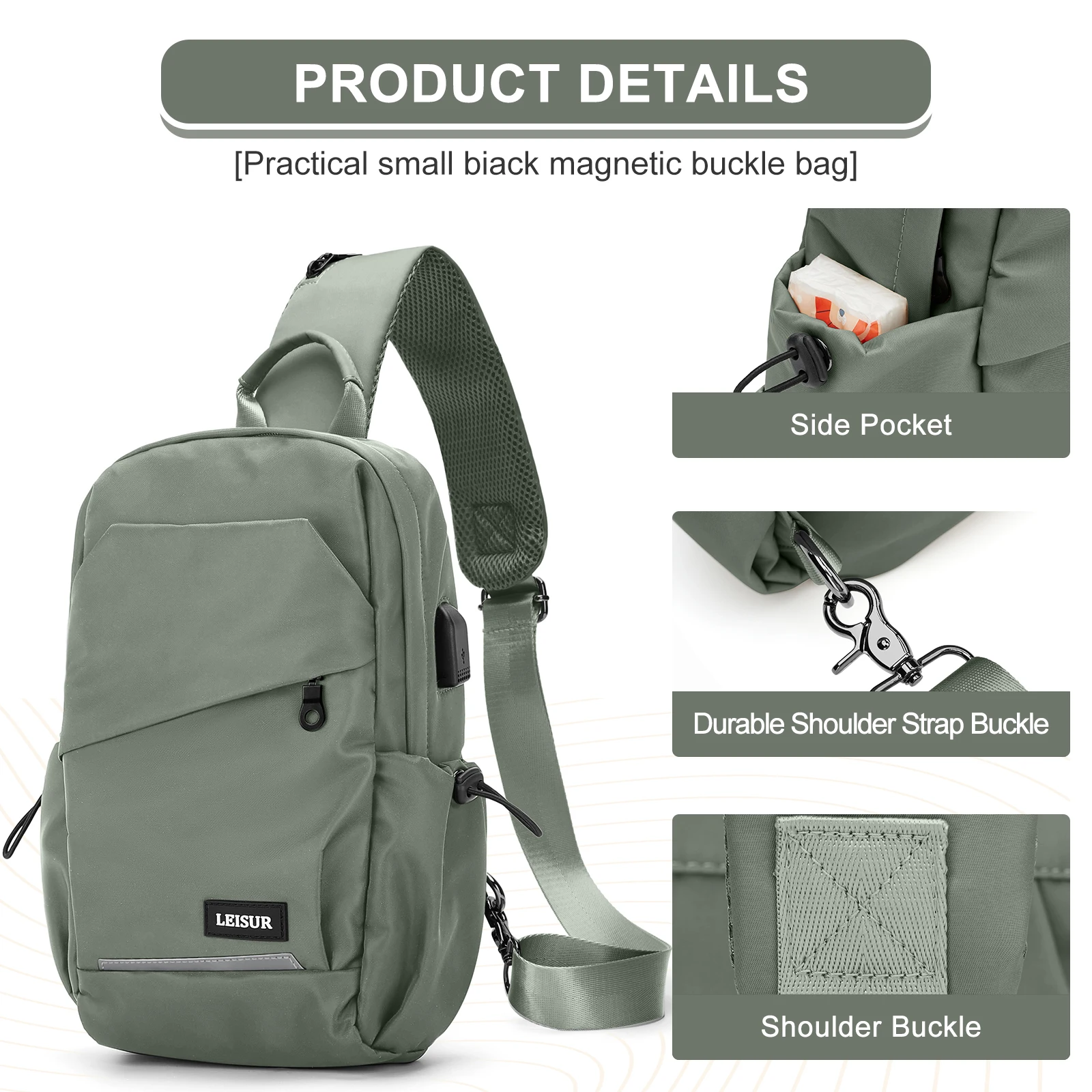 حقيبة صدر للرجال ، حقيبة كتف ، ركوب الدراجات في الهواء الطلق ، حقيبة كتف واحد ، حقيبة ظهر ذات سعة كبيرة مع USB ، مضادة للرش ، عصرية