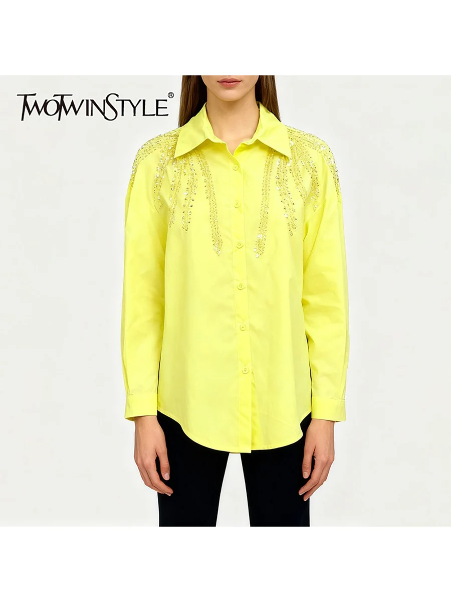 

TWOTWINSTYLE Solid Spliced Hot Fix Basics Shirts for Women Lapel Long Sleeves Patchwork Single Breasted Shirt Female Clothes New