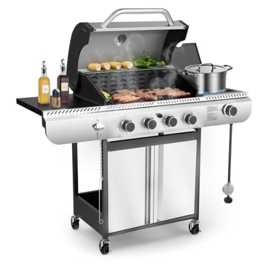 

4-Burner Gas Grill with Side Burner Stainless Steel Propane Grill with Porcelain-Enameled Grills Built-In Thermometer 42000BTU