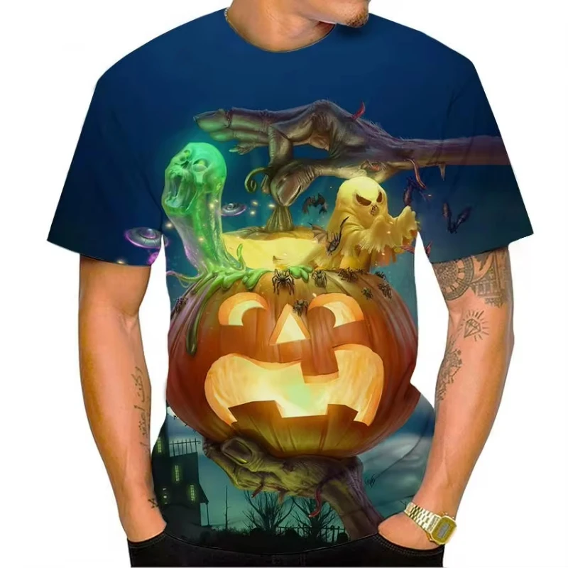 2024 New Halloween Pumpkin Head Fashion tee Shirt 3D Personality Printing Short Sleeve Men's Casual Harajuku T-Shirt Horror Top