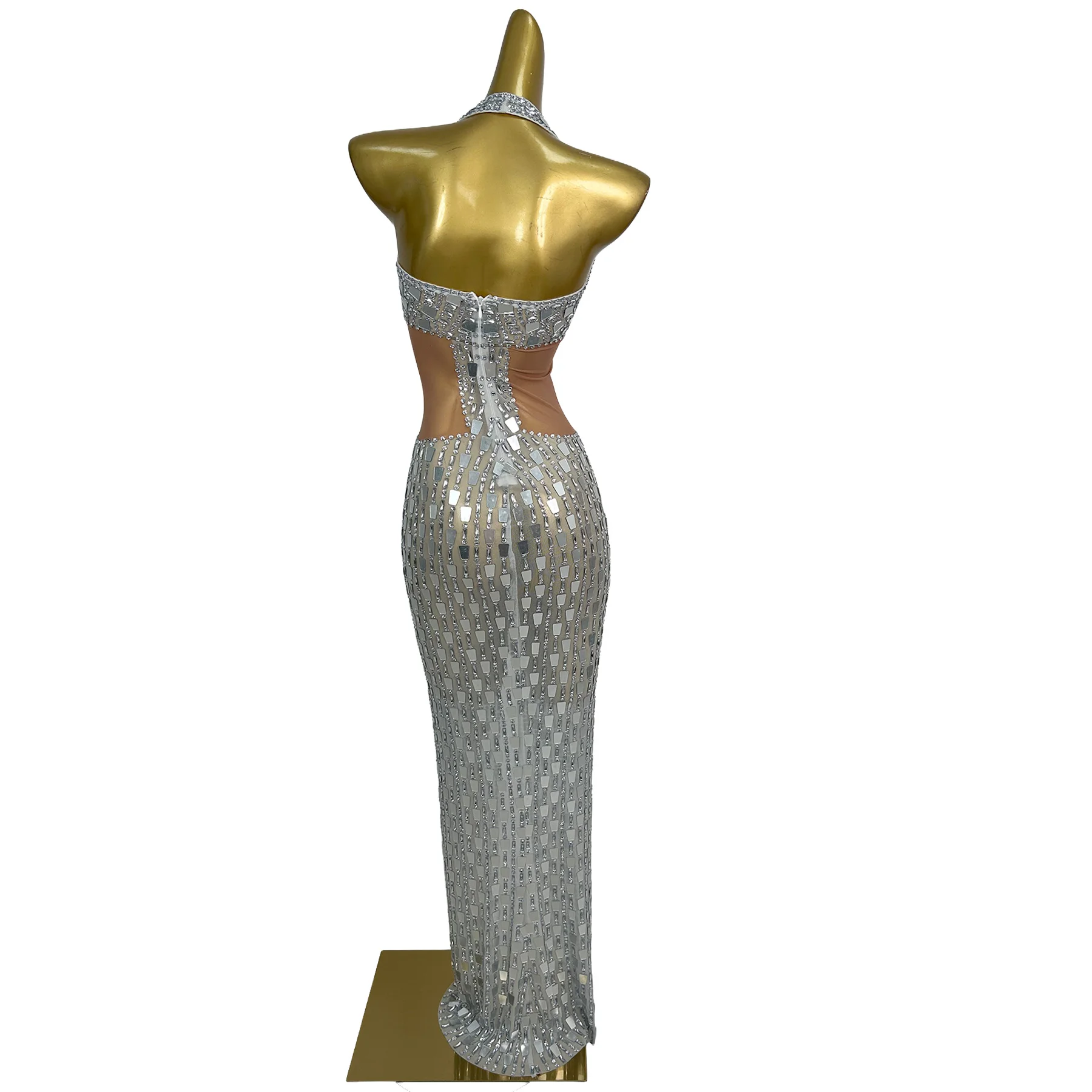 

Sparkly Rhinestone Silver Mirror Halter Maxi Dress Women Transparent Mesh Cutout High-end Stage Performance Party Gown Shanguang