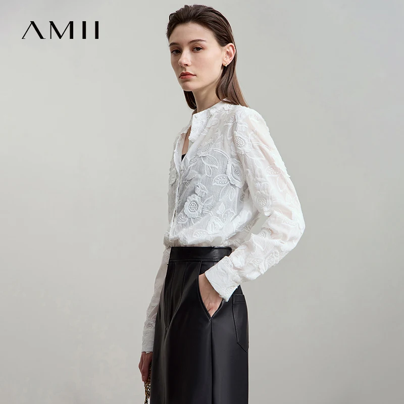 AMII 2025 خريف جديد أنيق التطريز قميص نسائي الوقوف طوق واسعة الكتف مكتب سيدة فضفاضة البلوزات النساء بلايز 12543066