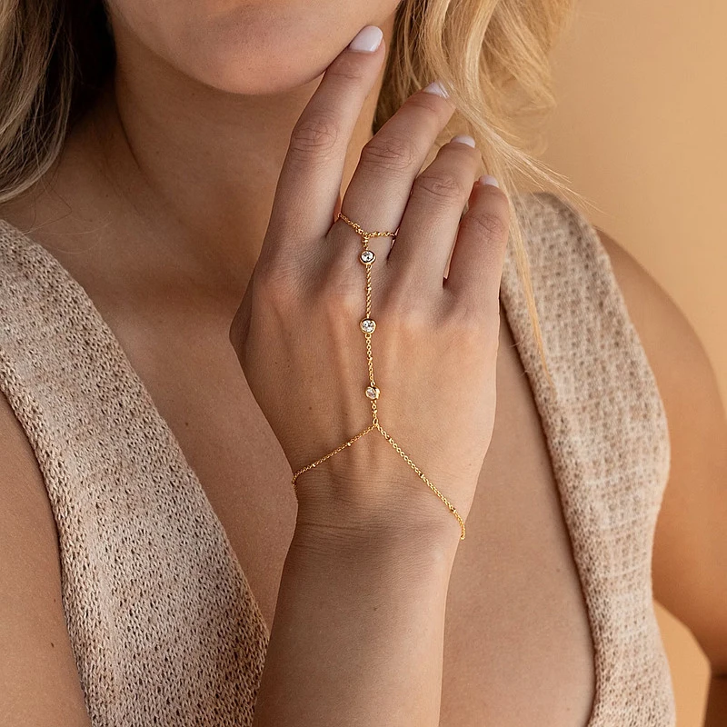 New Minimalist Tiny Chain Crystal Bracelet Finger Rings For Women Link Chains Connecting Hand Harness Bracelets Jewelry Gift