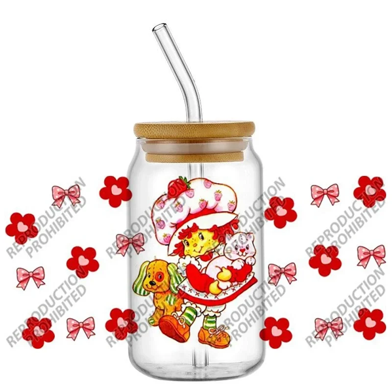 Cute Cartoon Berry‑Themed Girl Character UV DTF Cup Wrap Transfer Stickers for 16oz Glass Can Tumbler, DIY Custom Decals