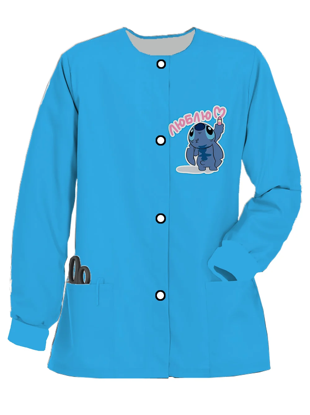 New Disney Stitch print frosted round neck women's long-sleeved nurse uniform dentist work uniform jacket for spring and autumn