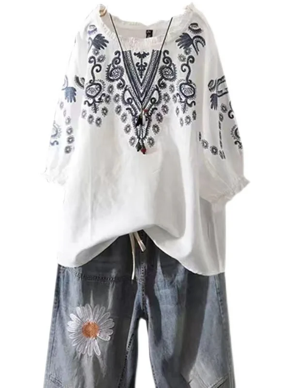 Retro étnico bordado algodão linho ort sve camiseta feminina solta plus size casual overhead irt verão wear
