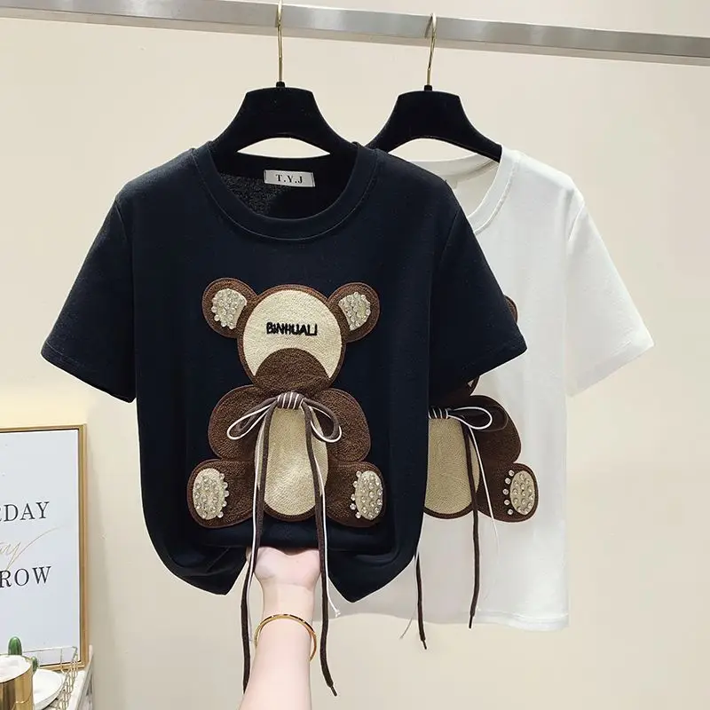 2023 New Women\'s Heavy Industry Embroidery T-shirt Crewneck Cartoon Pattern Tie Rope Decoration Summer Fashion Casual Tee Top