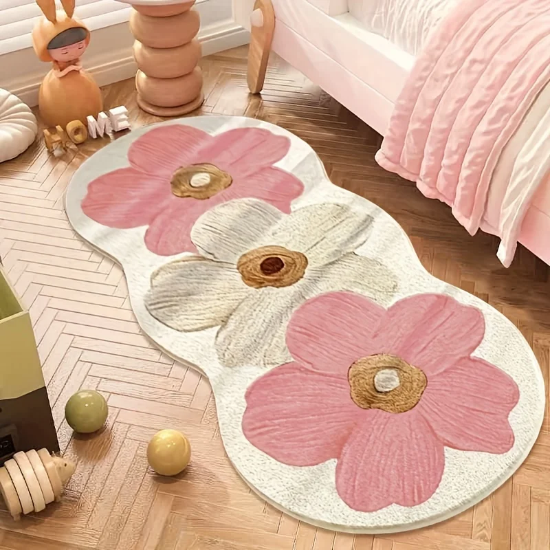 VIKAMA Plüsch-Blumenbereichsmatte im nordischen Stil, dekorativer Teppich mit blauen und beigen Blumen für Schlafzimmer, Teppich für Mädchenzimmer, Heimdekoration – Detail 6