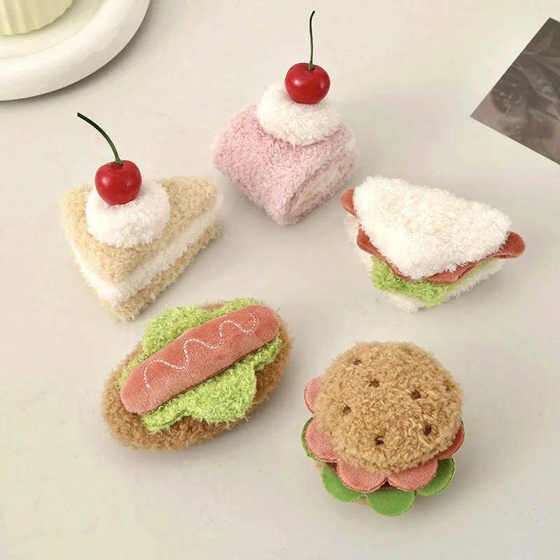Cute Food Shaped Plush keychain Fluffy Cake Burger Sandwich  Fashion Accessories for Girls Women Kids Gift Daily Use view 2