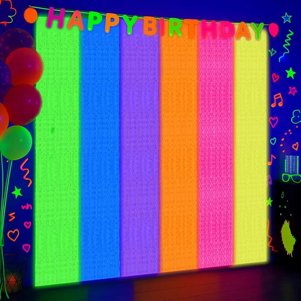 

4 Pack Glow in The Dark Wavy Foil Fringe Curtain UV Black Light Neon Party Decor 3.3x6.6ft Fluorescent Backdrop Tinsel Streamer