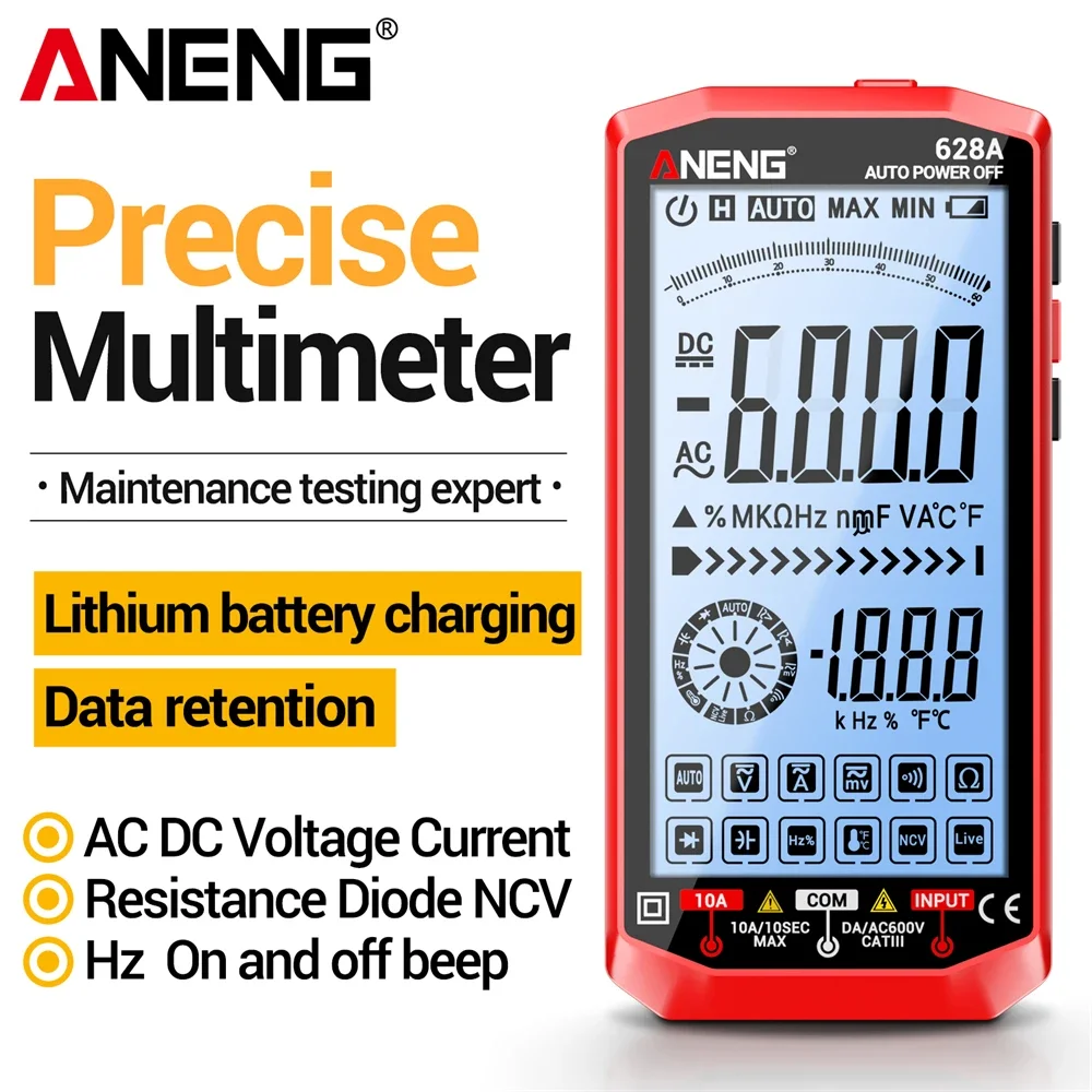 Digital Multimeter Tester ANENG 628A Smart 1000V DC Voltage Large Screen Rechargeable Voltmeter Ammeter Electrician Detector Too