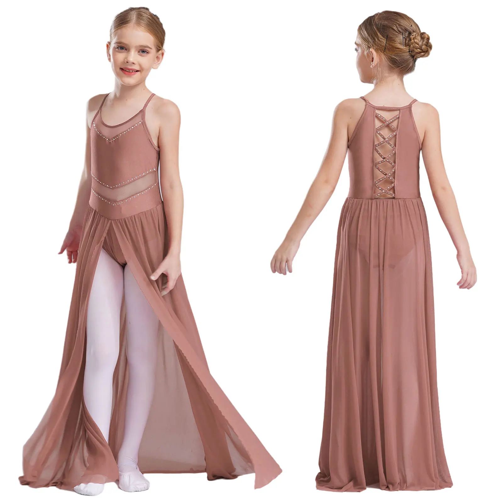Girls Lyrical Mesh Dance Dresses Crisscross Strappy Back Split Flowy Dress Sparkly Rhinestones Dancwear Birthday Wedding Dresses